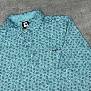 FootJoy Men L The Players TPC Light Green White Golf Polo Shirt AOP Preppy EUC